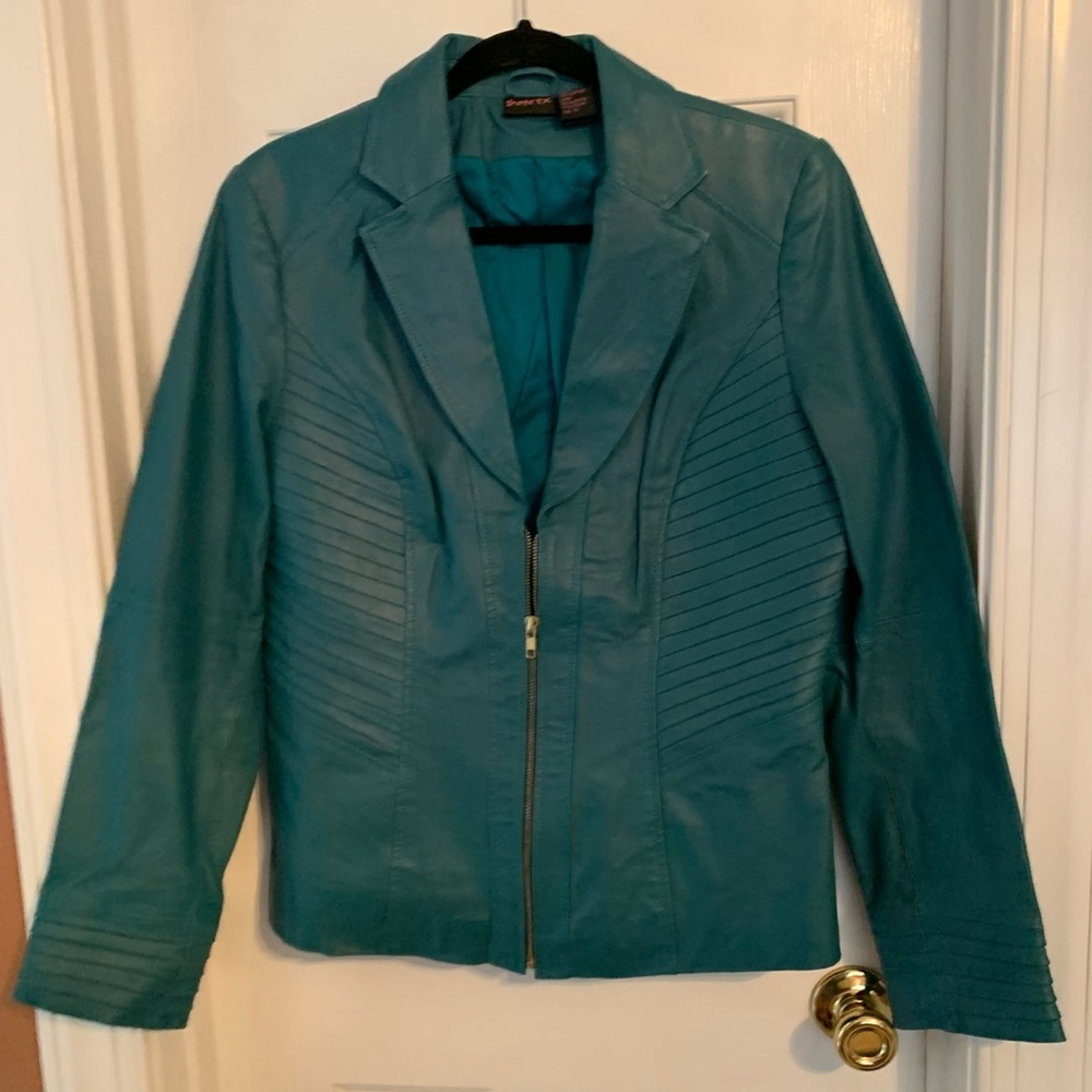 Shape Fx Leather Teal Blazer Jacket  Front Zipper. Design on Front, Sleeves